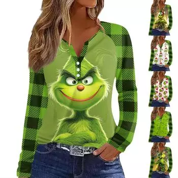 Женская футболка Футболка с принтом Пуговицы Длинный рукав Рукав реглан Повседневные Выходные Мода Классический V-образный вырез Обычный Топ XXL зелёный