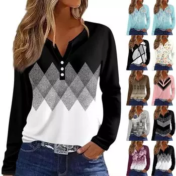 Женская футболка Футболка с принтом Пуговицы Длинный рукав Рукав реглан Повседневные Выходные Мода Классический V-образный вырез Обычный Топ M