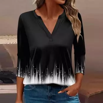 Женская футболка Футболка с принтом Рукав 3/4 Повседневные Выходные Мода Базовый V-образный вырез Обычный топ L чёрный