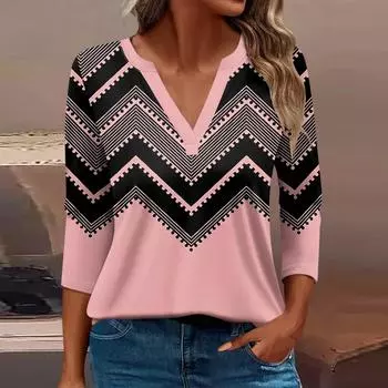 Женская футболка Футболка с принтом Рукав 3/4 Повседневные Выходные Мода Базовый V-образный вырез Обычный топ L чёрный