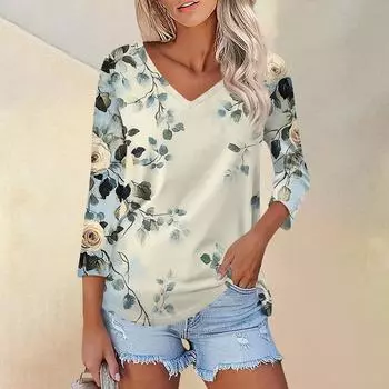 Женская футболка Футболка с принтом Рукав 3/4 Повседневные Выходные Мода Классический V-образный вырез Обычный Топ L бежевый