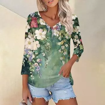 Женская футболка Футболка с принтом Рукав 3/4 Повседневные Выходные Мода Классический V-образный вырез Обычный Топ L армия зеленый