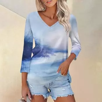 Женская футболка Футболка с принтом Рукав 3/4 Повседневные Выходные Мода Классический V-образный вырез Обычный Топ L синий