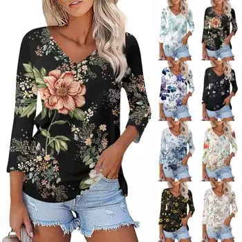 Женская футболка Футболка с принтом Рукав 3/4 Повседневные Выходные Мода Классический V-образный вырез Обычный Топ M