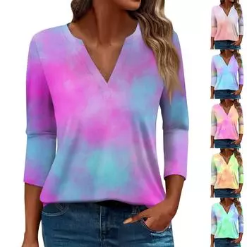 Женская футболка Футболка с принтом Рукав 3/4 Повседневные Выходные Мода Базовый V-образный вырез Обычный топ L