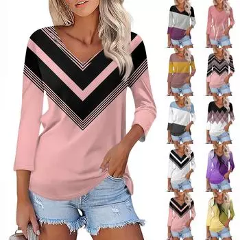 Женская футболка Футболка с принтом Рукав 3/4 Повседневные Выходные Мода Классический V-образный вырез Обычный Топ XXXL