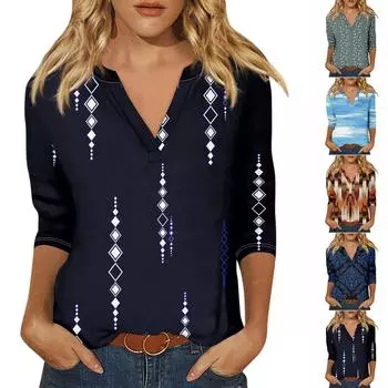 Женская футболка Футболка с принтом Рукав 3/4 Повседневные Выходные Мода Базовый V-образный вырез Обычный топ L белый