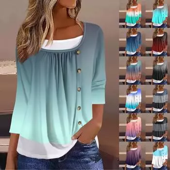 Женская футболка Футболка с принтом Рукав 3/4 Искусственные двойки Повседневные Выходные Мода Базовый Обычный Топ S синий