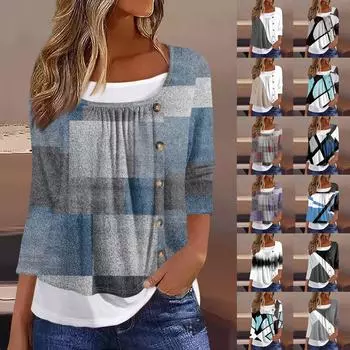 Женская футболка Футболка с принтом Рукав 3/4 Искусственные двойки Повседневные Выходные Мода Базовый Обычный Топ XXL чёрный