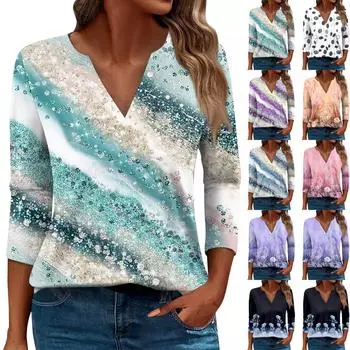 Женская футболка Футболка с принтом Рукав 3/4 Повседневные Выходные Мода Базовый V-образный вырез Обычный топ L чёрный