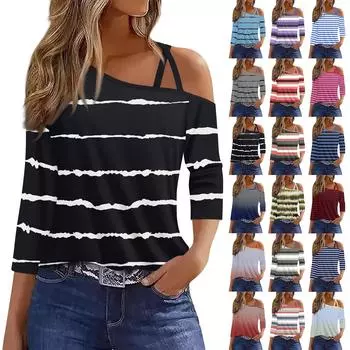 Женская футболка Футболка с принтом Рукав 3/4 Повседневные Выходные Мода Классический с открытыми плечами Обычный Топ S синий