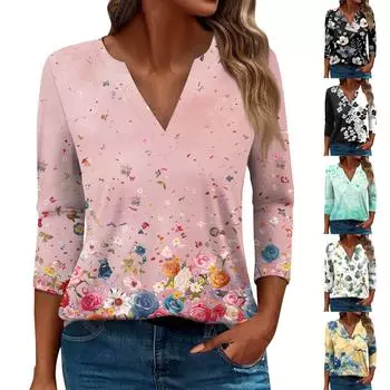 Женская футболка Футболка с принтом Рукав 3/4 Повседневные Выходные Мода Базовый V-образный вырез Обычный топ S