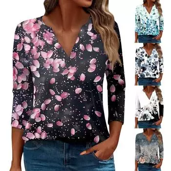 Женская футболка Футболка с принтом Рукав 3/4 Повседневные Выходные Мода Базовый V-образный вырез Обычный топ L чёрный