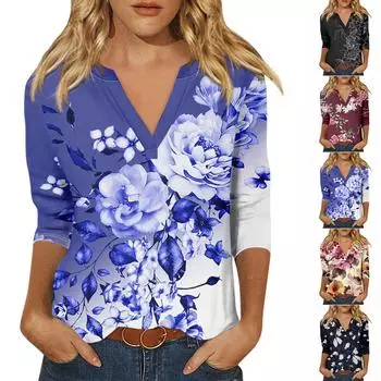 Женская футболка Футболка с принтом Рукав 3/4 Повседневные Выходные Мода Базовый V-образный вырез Обычный топ L чёрный