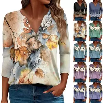 Женская футболка Футболка с принтом Рукав 3/4 Повседневные Выходные Мода Базовый V-образный вырез Обычный топ L чёрный