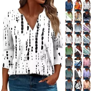 Женская футболка Футболка с принтом Рукав 3/4 Повседневные Выходные Мода Базовый V-образный вырез Обычный топ L синий