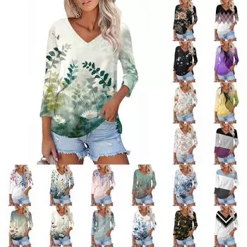 Женская футболка Футболка с принтом Рукав 3/4 Повседневные Выходные Мода Классический V-образный вырез Обычный Топ XXL