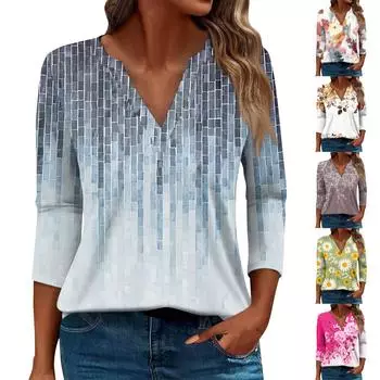 Женская футболка Футболка с принтом Рукав 3/4 Повседневные Выходные Мода Базовый V-образный вырез Обычный топ L армия зеленый