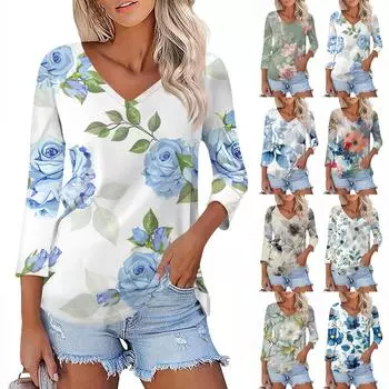 Женская футболка Футболка с принтом Рукав 3/4 Повседневные Выходные Мода Классический V-образный вырез Обычный Топ S синий