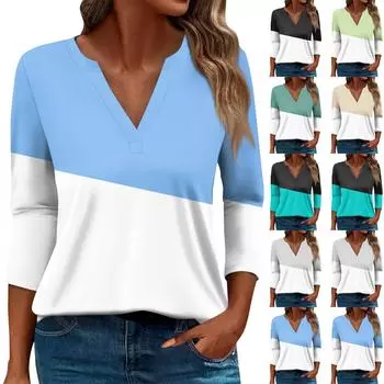 Женская футболка Футболка с принтом Рукав 3/4 Повседневные Выходные Мода Базовый V-образный вырез Обычный топ L чёрный