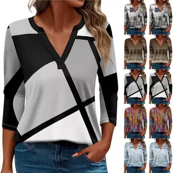 Женская футболка Футболка с принтом Рукав 3/4 Повседневные Выходные Мода Базовый V-образный вырез Обычный топ L чёрный