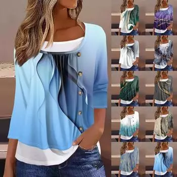 Женская футболка Футболка с принтом Рукав 3/4 Искусственные двойки Повседневные Выходные Мода Базовый Обычный Топ M