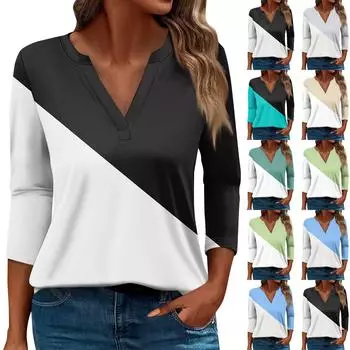 Женская футболка Футболка с принтом Рукав 3/4 Повседневные Выходные Мода Базовый V-образный вырез Обычный топ L чёрный