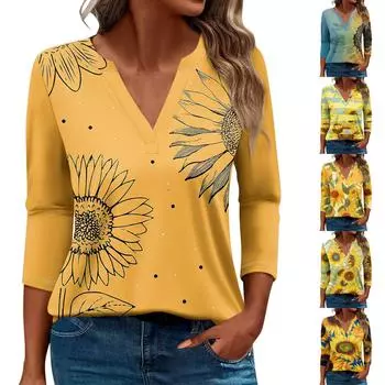 Женская футболка Футболка с принтом Рукав 3/4 Повседневные Выходные Мода Базовый V-образный вырез Обычный топ L синий