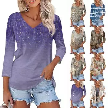 Женская футболка Футболка с принтом Рукав 3/4 Повседневные Выходные Мода Классический V-образный вырез Обычный Топ XL хаки