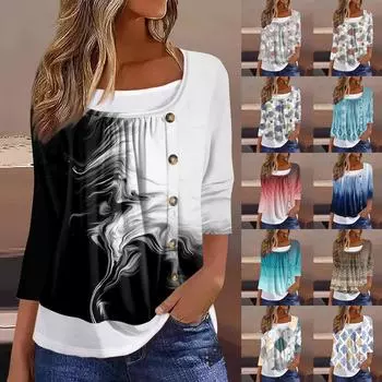 Женская футболка Футболка с принтом Рукав 3/4 Искусственные двойки Повседневные Выходные Мода Базовый Обычный Топ XL зелёный