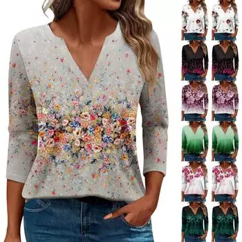 Женская футболка Футболка с принтом Рукав 3/4 Повседневные Выходные Мода Базовый V-образный вырез Обычный топ XXL
