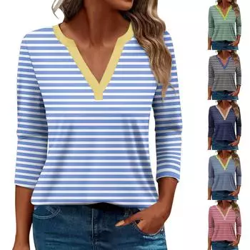 Женская футболка Футболка с принтом Рукав 3/4 Повседневные Выходные Мода Базовый V-образный вырез Обычный топ L чёрный