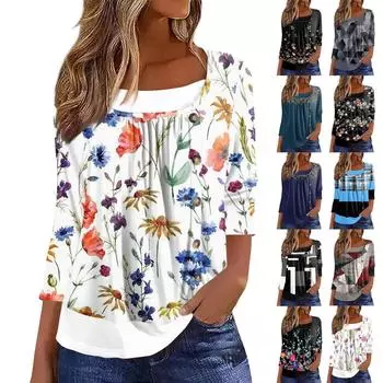 Женская футболка Футболка с принтом Рукав 3/4 Искусственные двойки Повседневные Выходные Мода Базовый Обычный Топ XL серый