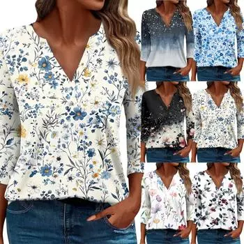 Женская футболка Футболка с принтом Рукав 3/4 Повседневные Выходные Мода Базовый V-образный вырез Обычный топ L чёрный