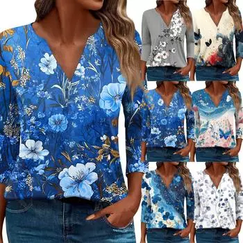 Женская футболка Футболка с принтом Рукав 3/4 Повседневные Выходные Мода Базовый V-образный вырез Обычный топ L синий
