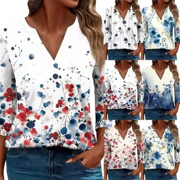 Женская футболка Футболка с принтом Рукав 3/4 Повседневные Выходные Мода Базовый V-образный вырез Обычный топ L синий