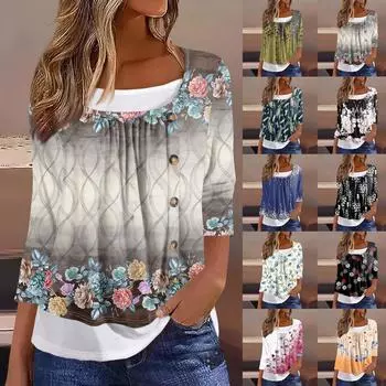 Женская футболка Футболка с принтом Рукав 3/4 Искусственные двойки Повседневные Выходные Мода Базовый Обычный Топ L чёрный