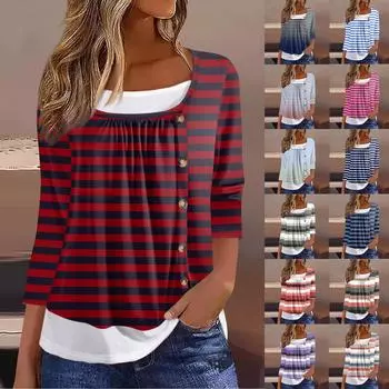 Женская футболка Футболка с принтом Рукав 3/4 Искусственные двойки Повседневные Выходные Мода Базовый Обычный Топ L синий