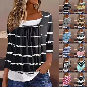 Женская футболка Футболка с принтом Рукав 3/4 Искусственные двойки Повседневные Выходные Мода Базовый Обычный Топ L чёрный