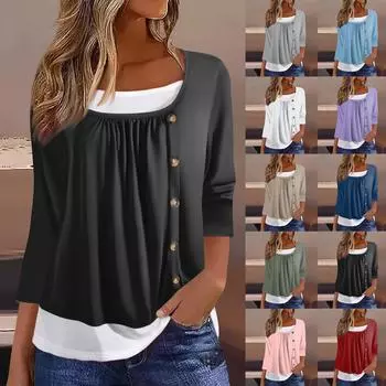 Женская футболка Футболка с принтом Рукав 3/4 Искусственные двойки Повседневные Выходные Мода Базовый Обычный Топ L армия зеленый