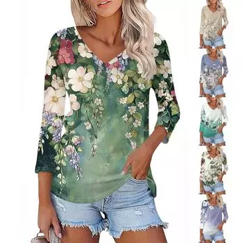 Женская футболка Футболка с принтом Рукав 3/4 Повседневные Выходные Мода Классический V-образный вырез Обычный Топ L армия зеленый