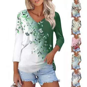 Женская футболка Футболка с принтом Рукав 3/4 Повседневные Выходные Мода Классический V-образный вырез Обычный Топ L бежевый