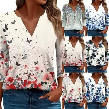 Женская футболка Футболка с принтом Рукав 3/4 Повседневные Выходные Мода Базовый V-образный вырез Обычный топ L синий