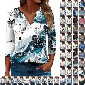 Женская футболка Футболка с принтом Рукав 3/4 Повседневные Выходные Мода Базовый V-образный вырез Обычный топ XL синий