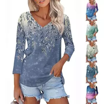 Женская футболка Футболка с принтом Рукав 3/4 Повседневные Выходные Мода Классический V-образный вырез Обычный Топ L синий