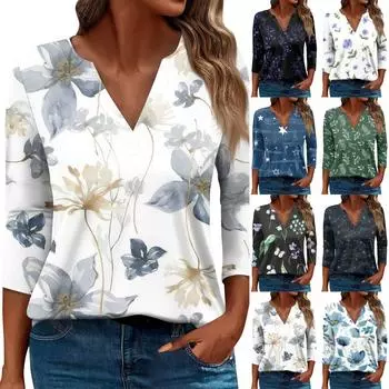 Женская футболка Футболка с принтом Рукав 3/4 Повседневные Выходные Мода Базовый V-образный вырез Обычный топ M красный