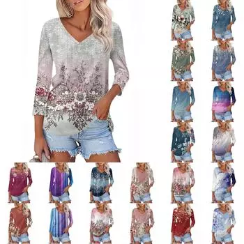 Женская футболка Футболка с принтом Рукав 3/4 Повседневные Выходные Мода Классический V-образный вырез Обычный Топ XXL