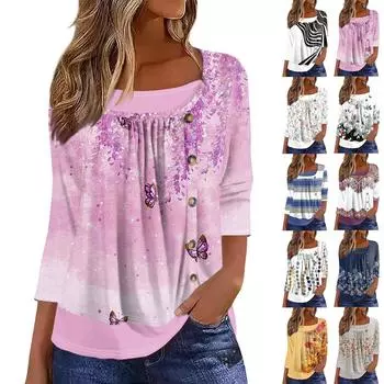 Женская футболка Футболка с принтом Рукав 3/4 Искусственные двойки Повседневные Выходные Мода Базовый Обычный Топ XXXL