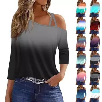 Женская футболка Футболка с принтом Рукав 3/4 Повседневные Выходные Мода Классический с открытыми плечами Обычный Топ S