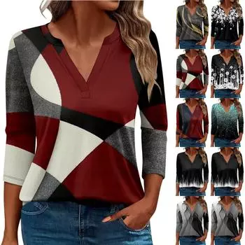 Женская футболка Футболка с принтом Рукав 3/4 Повседневные Выходные Мода Базовый V-образный вырез Обычный топ L чёрный